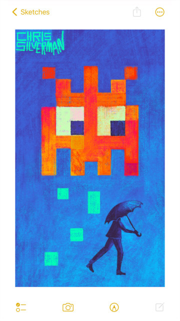 A dark blue background. Hovering above is a large, orange space invader: one of those blocky pixel monsters from the classic arcade game. It is dropping neon green blocks. Below it, running away from the blocks, is a person, not pixelated, carrying a black umbrella. The painting is signed "Chris Silverman".