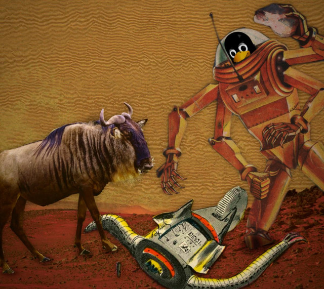The surface of Mars. In the foreground are a gnu and a giant pump-magazine killer robot whose head is being piloted by Tux the penguin. At their feet lies a dead robot, its head smashed in.

Image:
Muhammad Mahdi Karim (modified)
https://commons.wikimedia.org/wiki/File:Blue_Wildebeest,_Ngorongoro.jpg

GNU FDL
https://www.gnu.org/licenses/fdl-1.3.html
