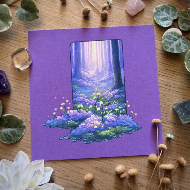 A photo of a print, placed on a wooden desk and surrounded by flowers, crystals, and leaves. The painting, on a purple background, features a forest bathed in soft yellow light, carpets of purple flowers covering the ground. In the foreground, long-stemmed yellow flowers resembling buttercups grow out of the clusters of purple ones. The foreground is popping out of the frame on the paper.