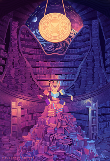 This is the Page of Coins tarot card. It represents a young person on a journey of wisdom. A student with high ambitions. Depicted here with a young fennec fox surrounded by magic and flying books. Sitting on a pile of books, in a library filled with encyclopedias and knowledge. Time is of the essence :), symbolized on the coin with a sand clock. https://www.deviantart.com/sylviaritter/art/Page-of-Coins-926157246