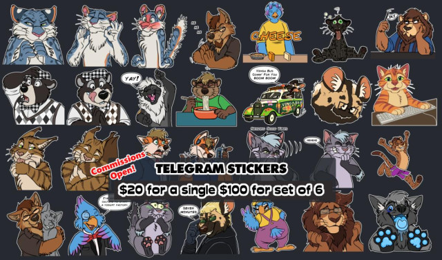 Telegram stickers are open!  20 for single 100 for 6.