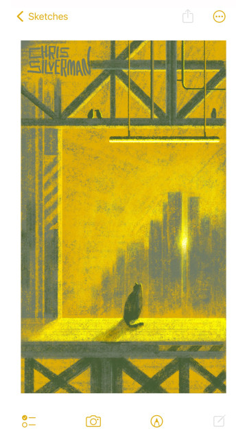 A platform in a train station. The platform is held up by a lattice of girders, and more beams hang above it. A long fluorescent light hangs above the platform. Several small birds sit among the beams. The platform is empty except for a cat. The sky is a gold yellow. In the distance is the skyline of a city, with the setting sun blazing white between two skyscrapers. The painting is signed "Chris Silverman."