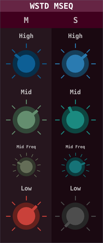 WSTD MSEQ plugin UI with M and S sections, 3-band EQ controls.