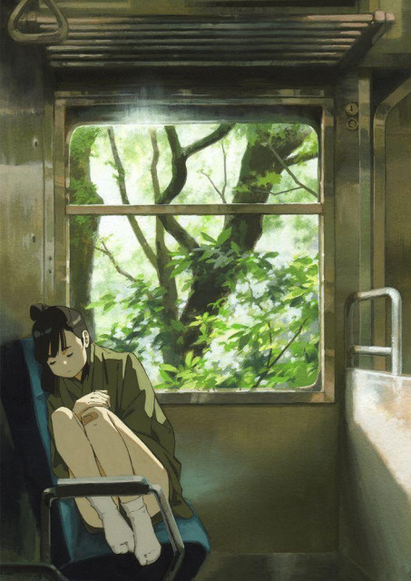 a traditional painting of a girl sleeping on a bus, trees outside