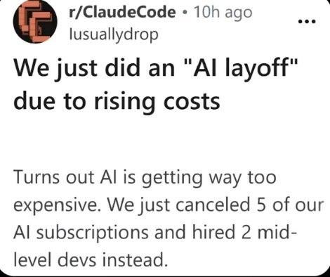 A post in the ClaudeCode subreddit titled "We just did an AI layoff due to rising costs"

It sais
"Turns our AI is getting way too expensive. We just canceled 5 of our AI subscriptions and hired 2 mid-level devs instead"