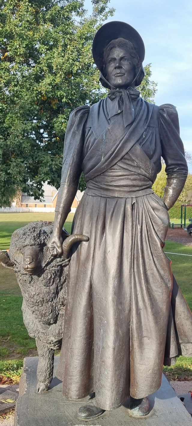 A statue of a stern looking woman dressed fully in typical mid 1800s clothing. She holds a very woolly sheep by the ear. The statue is situated next to a park 