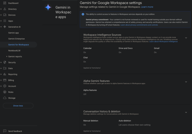 A screenshot of the Google Workspace admin panel, showing that Gemini is automatically ingesting data from Chat, Calendar, Gmail and other Google products automatically.