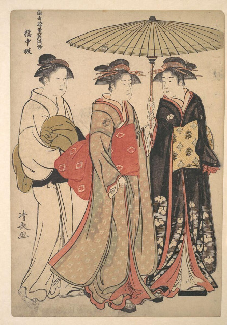 Geisha of the Tachibana Street by Torii Kiyonaga 1786. Three geisha are walking together. Each of them wears a different pattern Kimono. The one on the left has a light colored one, the middle has a red and tan checkered one, and the last one has a black one with flowers. The one in the middle and the last one are carrying a parasol.