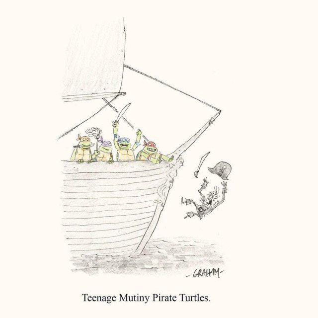 A cartoon illustration of the teenage mutant ninja turtles pushing a pirate captain overboard a ship. Caption reads "Teenage Mutiny Pirate Turtles."