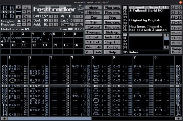 The Fasttracker II clone window playing a module by Dubmood.