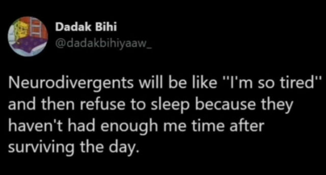 A screenshot of a tweet from Dadak Bihi states "Neurodivergents will be like "I'm so tired" and then refuse to sleep because they haven't had enough me time after surviving the day."