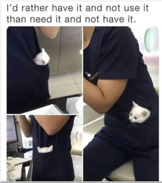 Photos of a nurse or medical tech in scrubs. A fluffy white smol kitten is seen peeking out of one pocket. Text reads, "I'd rather have it and not use it, than need it and not have it."
