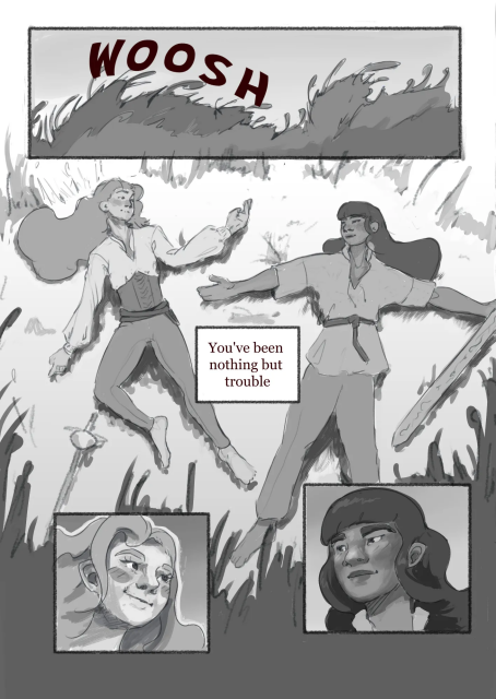 A comic with 4 panels.

The first panel shows wind blowing through long grass.

In the second spread panel Cel and Miho are laying next to each other in the long grass. They're looking at each other with a soft smile, maybe staring a bit too much.

The third and fourth panel are closer shots of their faces, showing them smiling at each other and blushing. 
They're so cute AAA!!