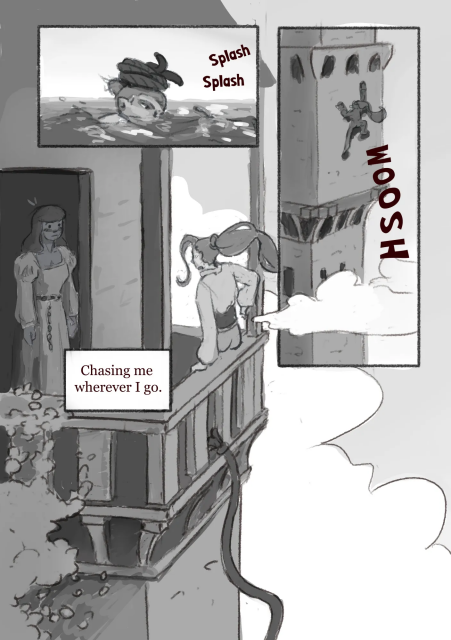 A comic page with three panels.

The first panel shows Miho swimming through water with a rope balanced on top of her head.

The second panel shows her again, climbing up a tower.

The third spread panel shows Miho stepping over the balcony railing, Cel standing in the Doorway, surprised by Miho's strange visit.