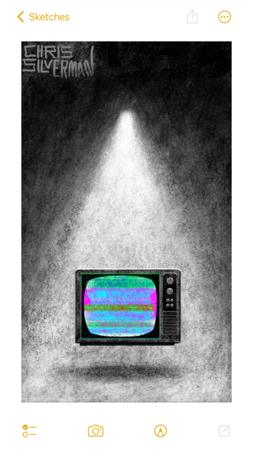 A retro television—one of those boxy things with the dials on the side—hovers in the glare of a single white spotlight. The surrounding area is dark. The TV is maybe a foot above the ground and casts a blurry shadow. The screen shows nothing but colored static. The painting is signed "Chris Silverman".