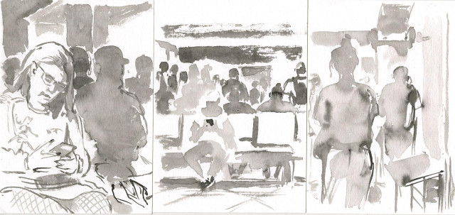 3 Ink and brush drawings on postcard of people in the airport. Light grey drawings. 