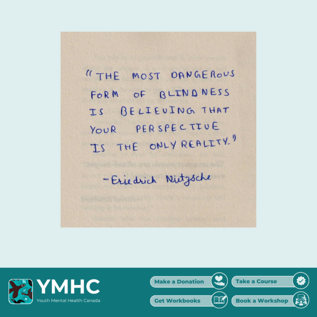 A handwritten quote on a square piece of paper by Friedrich Nietzsche: "The most dangerous form of blindness is believing that your perspective is the only reality."