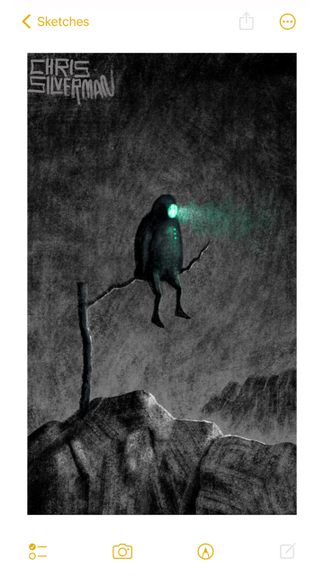 A dark, rocky place. Everything is gray. A post is planted on a rocky hill. Sticking out of the right side of the post is a long branch, on which is sitting a figure wearing a dark, shiny, full-body suit. Where the figure's face would be is a glowing green faceplate casting a beam of greenish light. The figure has three green buttons on its chest. In the background is the dim outline of another rocky ridge. The painting is signed "Chris Silverman".