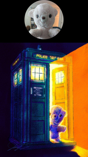 Photo of an old pink teddy bear in a circle at the top. Below is the same teddy bear plushie stepping out of the TARDIS. There is a strong beam of yellow light coming out of the TARDIS. The artist's signature and watermark @joyousjoyfuljoyness are at the bottom left.