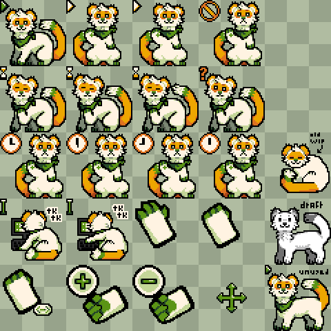 a resized 5x5 sheet of pixel art cursors featuring a white-orange-and-green ferret wearing a green scarf in many poses. these poses, in order: sitting, standing and waving, standing with a paw raised like a 'stop gesture', a wistful 'waiting' pose, a questioning pose, standing with one arm raised next to a clock, typing at a computer, and standing. there is also a grayscale winter-furred ermine in the bottom right that i created as a reference.