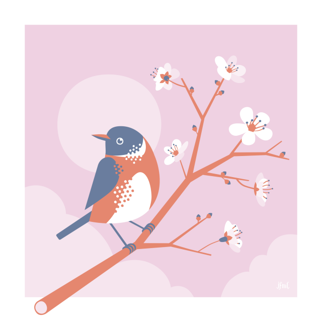 Abstract vector illustration of a stonechat (a small black and orange bird) sitting on a cherry blossom sprig which is continuing a bit into the illustration's frame. In the background there are some clouds and the sun.