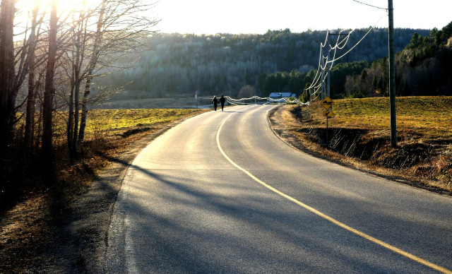 Photograph of a country road at sunset in spring, with a couple walking hand in hand in the distance. The sun is in the upper left corner, casting shadows of the two people and the trees to the left of the photograph onto the road, also making the smooth asphalt surface and the power lines running along the right glare. Further on, to either side of the couple, fields are turning green. In the distance, a house is visible at the foot of a wooded hill.

Photographie d'une route de campagne au coucher de soleil au printemps, avec un couple marchant devant en s'éloignant et se tenant par la main. Le soleil est dans le coin supérieur gauche et projette sur la route l'ombre des deux personnes et des arbres se trouvant à gauche de la photo, faisant aussi briller la surface lisse de l'asphalte et les fils électriques longeant à droite. Plus loin de chaque côté du couple s'étendent des champs en train de verdir. Au loin, une maison est visible du pied d'une colline couverte de forêt.
