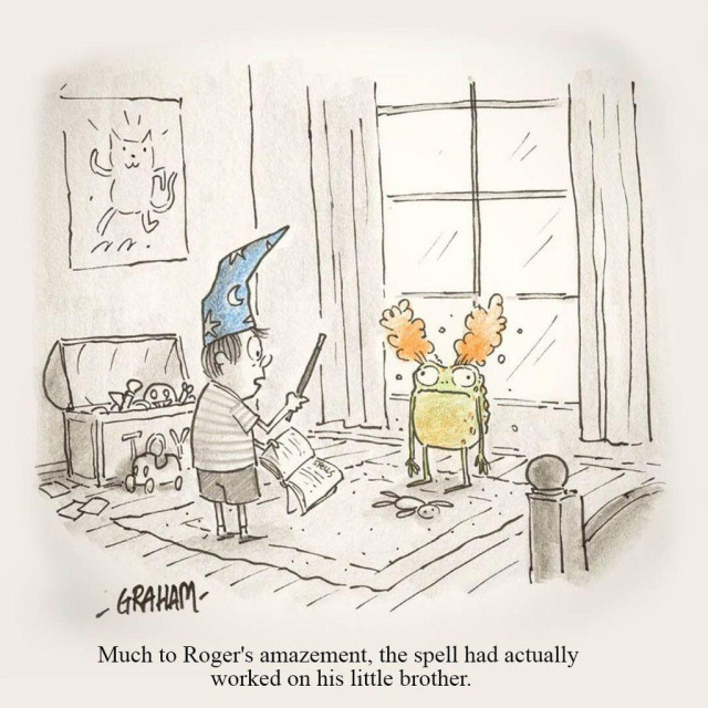 A cartoon illustration of a suprised boy wearing a wizard hat and holding a wand, staring at his little brother who is a toad with orange hair. Caption reads "Much to Roger's amazement, the spell had actually worked on his little brother."