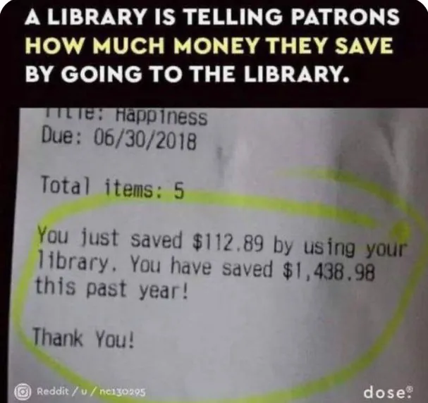 A receipt with yellow circles
A LIBRARY IS TELLING PATRONS HOW MUCH MONEY THEY SAVE BY GOING TO THE LIBRARY.
Title: Happiness
Due: 06/30/2018
Total items: 5
You just saved $112.89 by using your library. You have saved $1,438.98 this past year!
Thank You!

Reddit/u/ne330205 dose