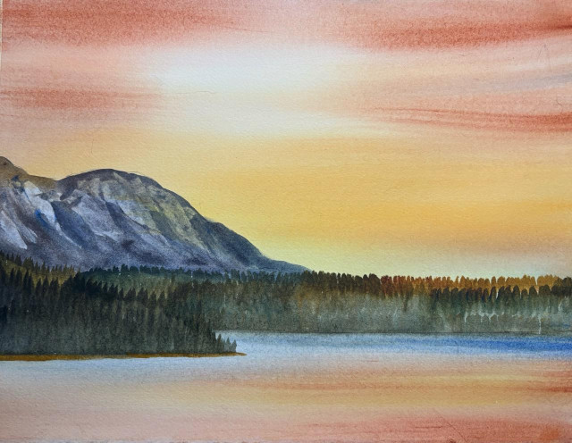 Painting of Long Lake, Whitehorse, Yukon, Canada, with Grey Mountain in the background. 