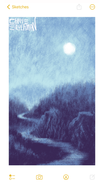 A river winds through a heavily wooded landscape. On the right side of the river are rocky cliffs. In the top right of the sky is a white moon. This is a predominantly blue painting, signed "Chris Silverman".