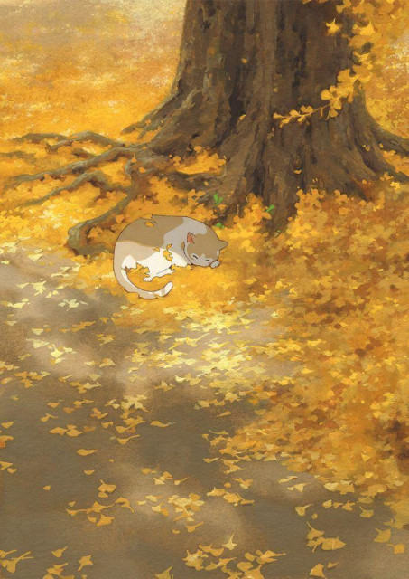a traditional painting showing a cat sleeping under a ginkgo tree