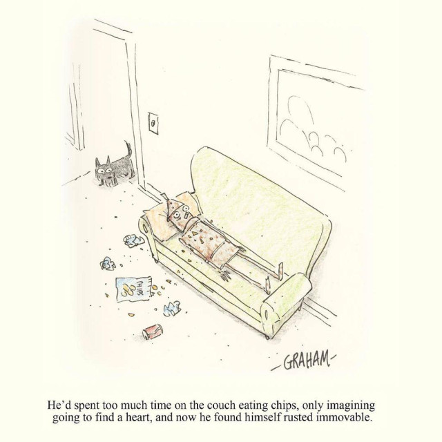 A cartoon illustration of a rusty tin man from the wizard of Oz looking distraught and immovable on a couch surrounded by chips and soda cans. Caption reads "He'd spent too much time on the couch eating chips, only imagining going to find a heart, and now he found himself rusted immovable."