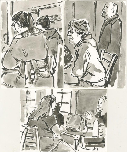 3 ink drawings on postcards of people within a coffee shop, some talking, some on laptops