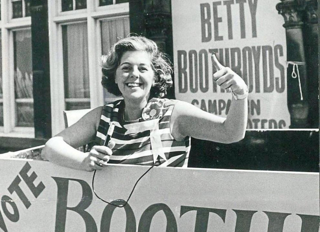 Betty Boothroyd on the election campaign trail in the 1970s. She is a white woman with fair hair.
