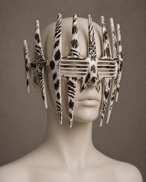 A smooth, pale mannequin bust is shown from the chest up against a soft gray-brown studio background. It has a blank, hairless head, simple sculpted facial features, and a calm, expressionless face.

Across the mannequin’s eyes is a dramatic pair of sculptural glasses or visor-like eyewear. The frame is made of glossy white plastic covered in a mixed animal print: irregular dark cow-like spots combined with black zebra-like stripes.

The eyewear has thick horizontal plastic bars across the lens area, similar to shutter or rave glasses, so the eye area is mostly hidden behind evenly spaced slats. At the center, the bridge of the glasses extends into a molded plastic nose piece that sits over the mannequin’s nose.

The most striking feature is the many long vertical protrusions coming off the frame. They look like tall spikes, fins, or comb teeth. Some rise upward above the forehead, some hang downward over the cheeks, and others extend from the sides near the temples and ears. The lower protrusions are long and pointed, reaching toward the lower face, while the upper protrusions create a crown-like silhouette.

Overall, it looks like futuristic fashion eyewear displayed on a mannequin: part glasses, part mask, part sculptural headpiece.