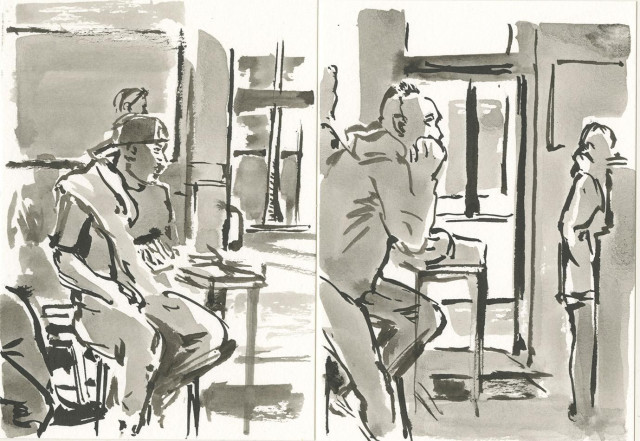 2 Ink and brush drawings on postcards of interior of coffee shop. In each, there is a central figure waiting for their joe. 