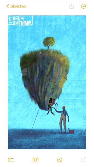 A conical chunk of rock with grass and a tree growing on top of it hovers in the air, anchored to the ground by a thin wire. It looks as though part of a mountain has simply been yanked out of the ground and is now floating like a balloon. On the side of the rock, though, are oddities: the outline of a door, missing tiles. On the underside of the rock is an open hatchway, revealing tubes and wires. A workmen wearing overalls and an orange helmet is poking around in there with tools. An orange toolbox sits on the ground. The scene is set against a blue background. The painting is signed "Chris Silverman".