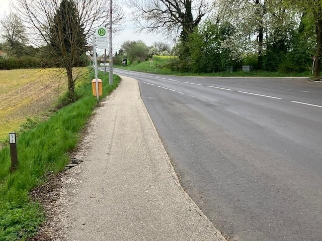 Foto von einer Bushaltestelle entlang einer Freilandstraße, Haltestelle ohne Wartehäuschen, ohne Sitzgelegenheit, nur Schild. Foto: VCÖ