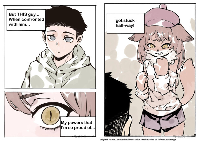 page 3: She is looking upon a normal young man, who seems surprised. She narrates: "But THIS guy... when confronted with him... my powers that I'm so proud of..."

page 4: "got stuck halfway!" She has become a fox furry,