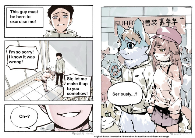 page 5: "This guy must be here to exorcise me!" She bows to him. "I'm so sorry! I know it was wrong! Sir, please let me make it up to you somehow!" The guy smiles evilly. "Oh~?"

page six: they are at a furry convention together; the boy is in costume. The fox demon sighs: "Seriously?"
