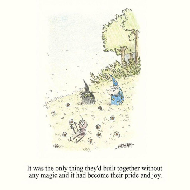 A cartoon illustration of a witch and wizard on a grassy, windy hill lovingly watching a one-eyed robot holding a flower. Caption reads "It was the only thing they'd built together without magic and it had become their pride and joy."