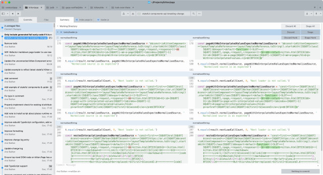 Screenshot of Sublime Merge displaying a lovely side-by-side diff of my ES Module Loader tests for Kitten, making it very clear exactly what has changed between normalised expected values of various Kitten HTML template renders (in this case, the generated code for the page – if it’s a stateless (functional) Kitten page – is defined as a regular function instead of as a closure (arrow function).