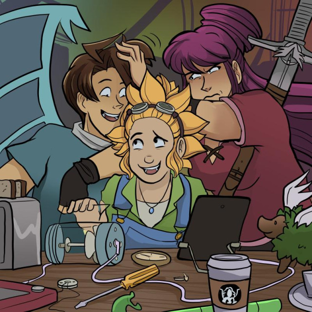 Astyr, Rana, and Sydney from the webcomic Sombulus. Rana sits at a workbench with many assorted objects on it (toaster, etch-a-sketch, screwdiver, coffee cup, snorkel, treea pet, tablet, compass). Astyr leans on her shoulder jovially, while Sydney shoves him away with an exasperated expression.