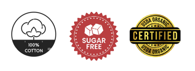 Various badges 100% Cotton, Sugar Free, USDA Organic