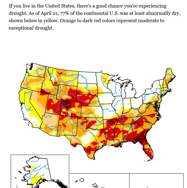map of US in drought, PA is not in the red or orange
If you live in the United States, there’s a good chance you’re experiencing drought. As of April 21, 77% of the continental U.S. was at least abnormally dry, shown below in yellow. Orange to dark red colors represent moderate to exceptional drought.   