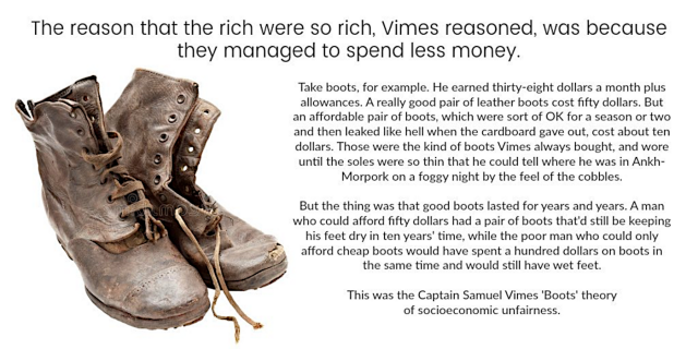 A pair of tattered boots and the Vimes boots theory:

"The reason that the rich were so rich, Vimes reasoned, was because they managed to spend less money.

Take boots, for example. He earned thirty-eight dollars a month plus allowances. A really good pair of leather boots cost fifty dollars. But an affordable pair of boots, which were sort of OK for a season or two and then leaked like hell when the cardboard gave out, cost about ten dollars. Those were the kind of boots Vimes always bought, and wore until the soles were so thin that he could tell where he was in Ankh-Morpork on a foggy night by the feel of the cobbles.

But the thing was that good boots lasted for years and years. A man who could afford fifty dollars had a pair of boots that'd still be keeping his feet dry in ten years' time, while the poor man who could only afford cheap boots would have spent a hundred dollars on boots in the same time and would still have wet feet."