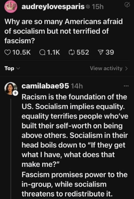audreylovesparis © 15h 

Why are so many Americans afraid
of socialism but not terrified of
fascism?


camilabae95 14h =

Racism is the foundation of the
US. Socialism implies equality.
equality terrifies people who've
built their self-worth on being
above others. Socialism in their
head boils down to “If they get
what | have, what does that
make me?”
Fascism promises power to the
in-group, while socialism
threatens to redistribute it.
