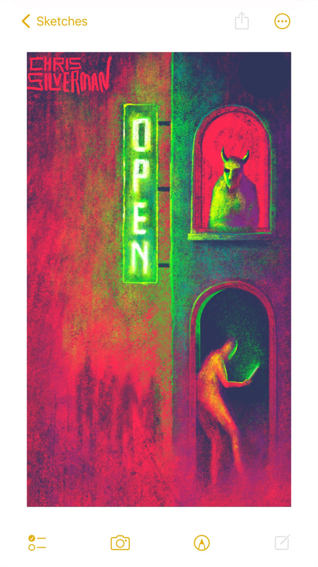 A street that is both dark and lit up, pulsing with heat. The background is a mix of black and red. On the right side of the painting is a two-story building. A figure slumps in an arched doorway, staring at the blazing green light from a phone. Above, leaning out of a second story, arched window, is a devil figure with horns, lit up green by the neon sign fixed to the left side of the building. The sign says "open" in large, blazing, greenish-white neon letters. The neon light is smeared across the night. In the background, a crowd of shadowy figures approaches. The painting is signed "Chris Silverman".