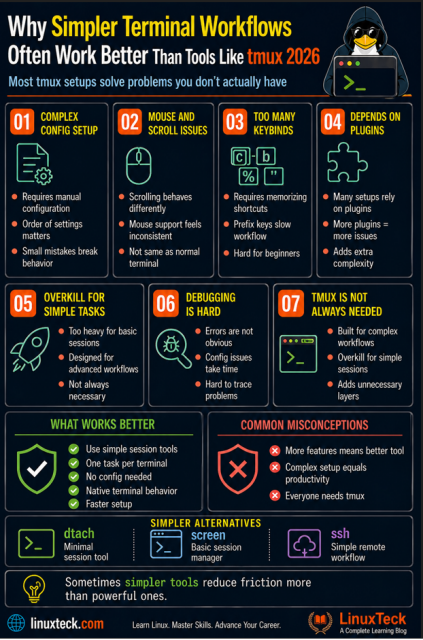 Linux infographic showing why simple terminal workflows often work better than tmux, including configuration challenges, usability issues, and lightweight alternatives for sysadmins and DevOps.