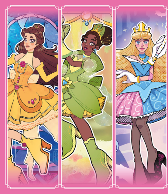 picture fragment with pink background and belle, tiana and aurora as magical girls